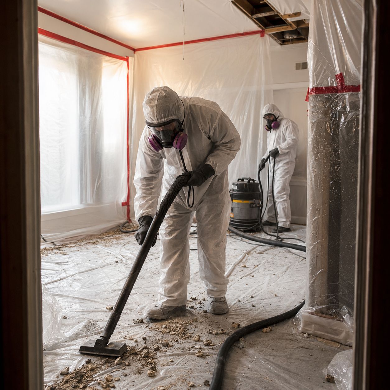 EPA certified specialists removing asbestos waste bags from residential property